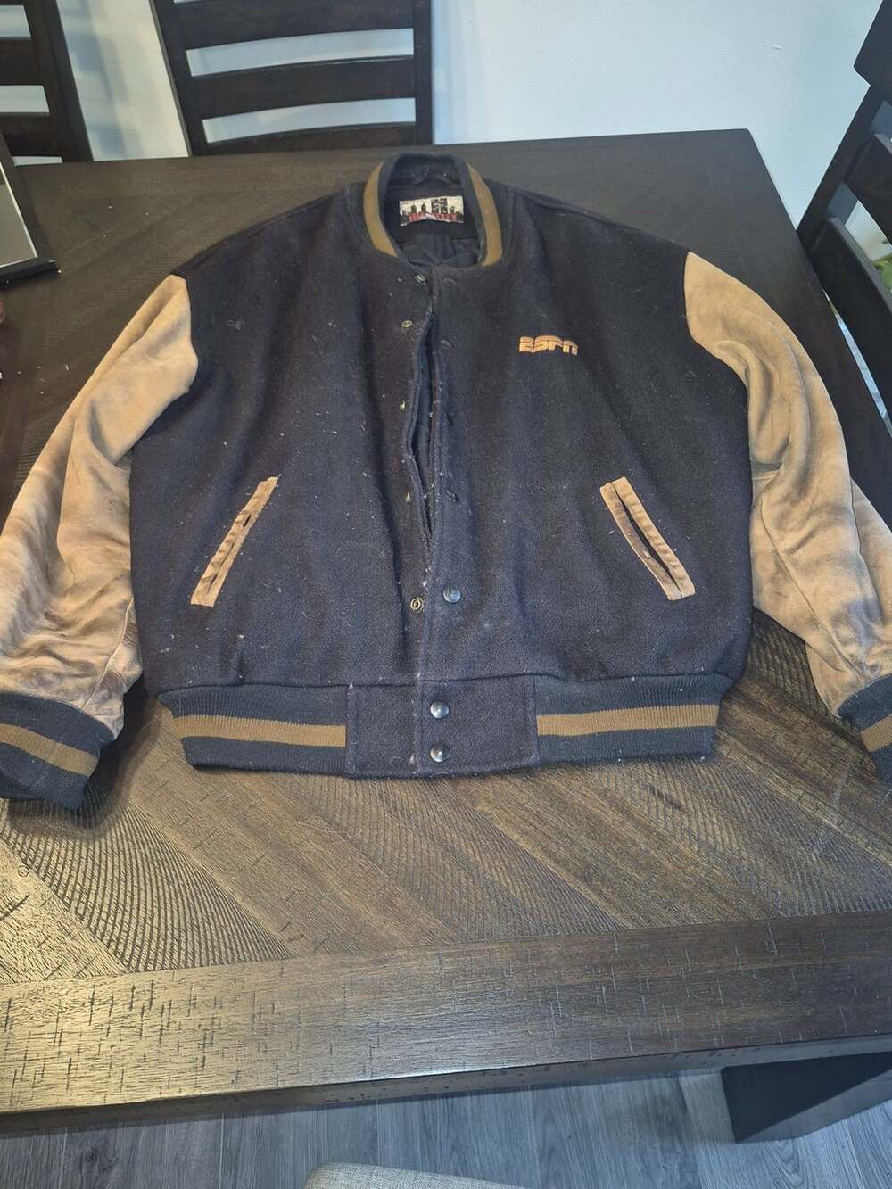 Identity ESPN Letterman Varsity Jacket Black Wool Leather